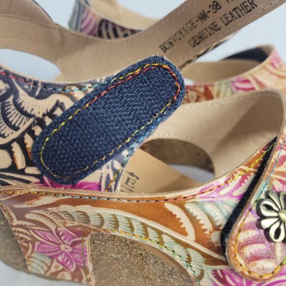 L'Artiste Bonvoyage Sandals size 38 Navy Multi Leather Hand Painted Floral Boho - Picture 6 of 13
